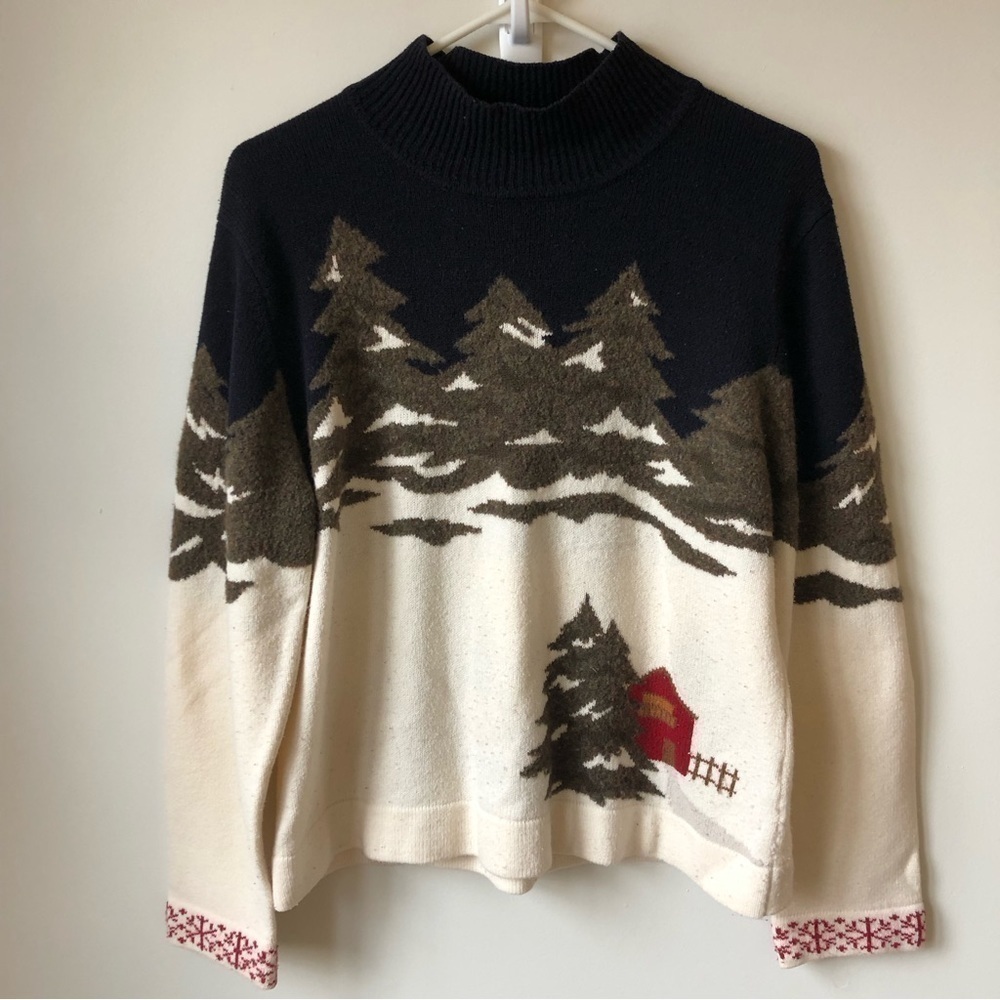 Sweater with country cabin scene. Mock neck. Wool blend